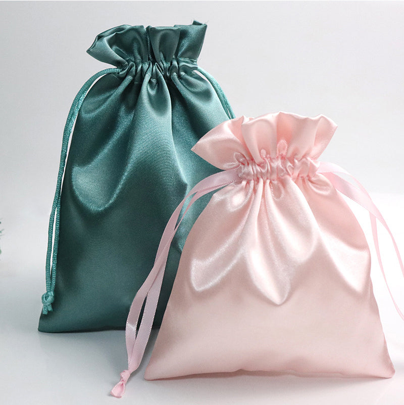 Customized Rose Gold Silk Satin Hair Extension Pouch Bags Drawstring Satin Hair Bags for Packaging Satin Hair Gift Dust Bag Pink